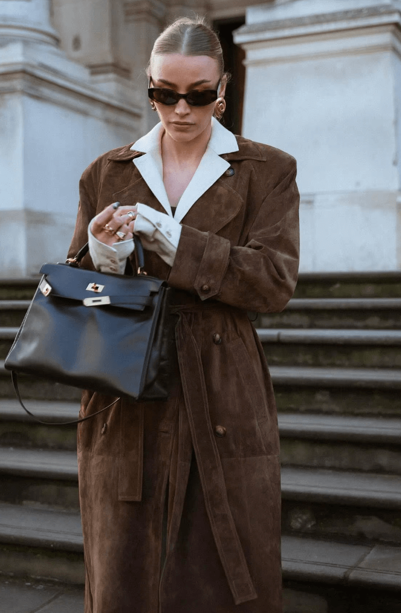 Brown Suede Double Breasted Trench Coat with Belted Waist3