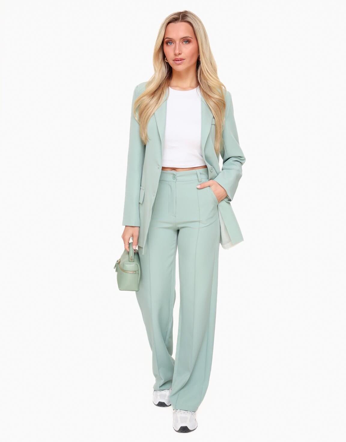 Mint Green Tailored Trouser Suit with Wide Leg Fit