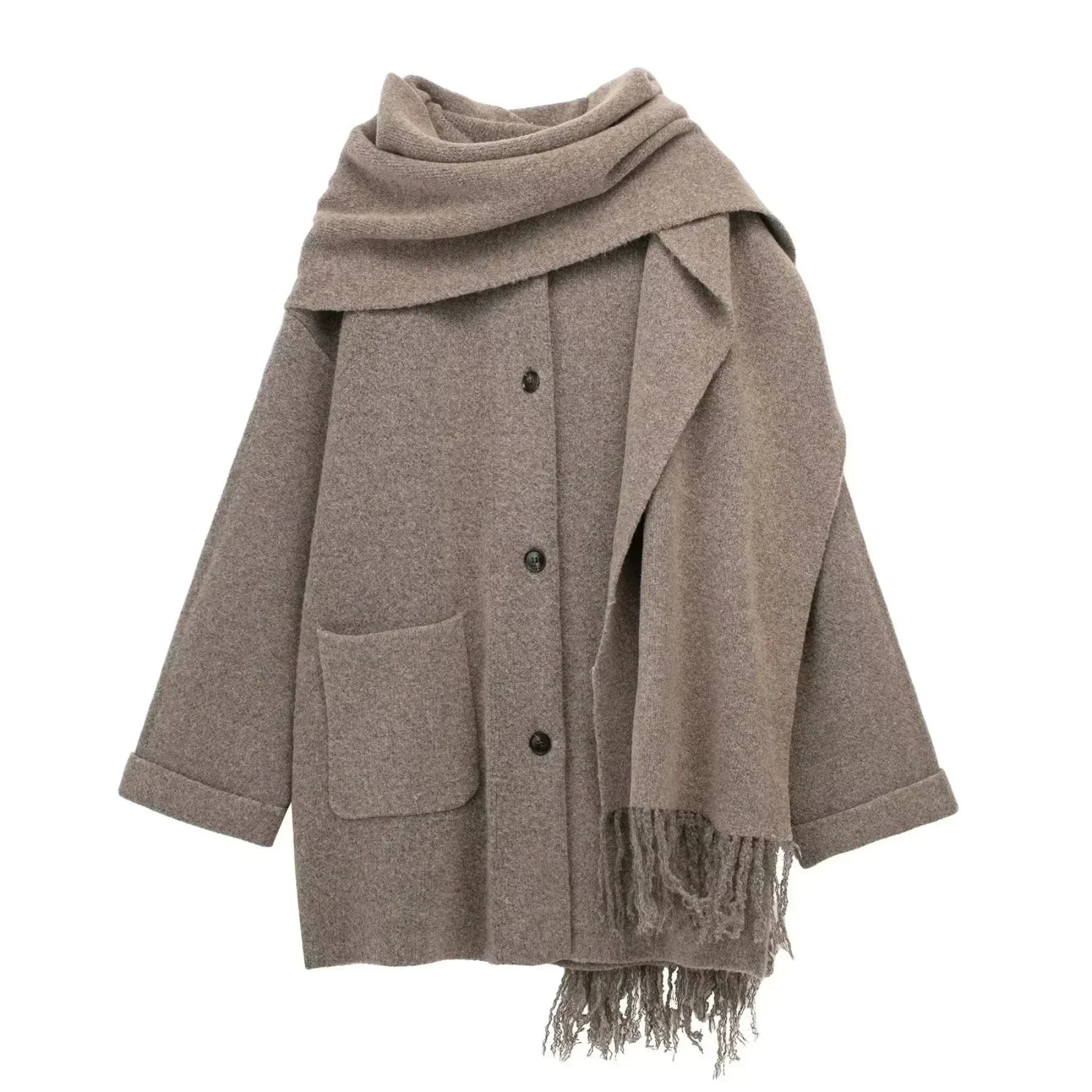 Oversized Wool Coat with Attached Scarf | Heather Taupe1