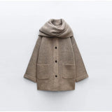 Oversized Wool Coat with Attached Scarf | Heather Taupe2