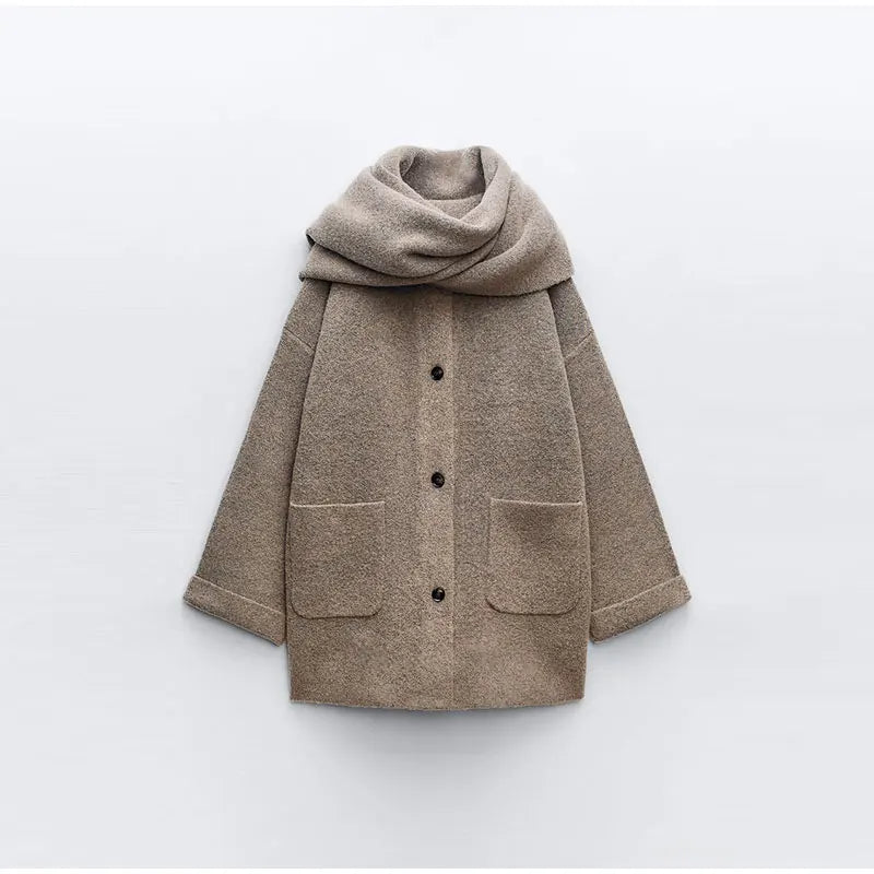 Oversized Wool Coat with Attached Scarf | Heather Taupe2