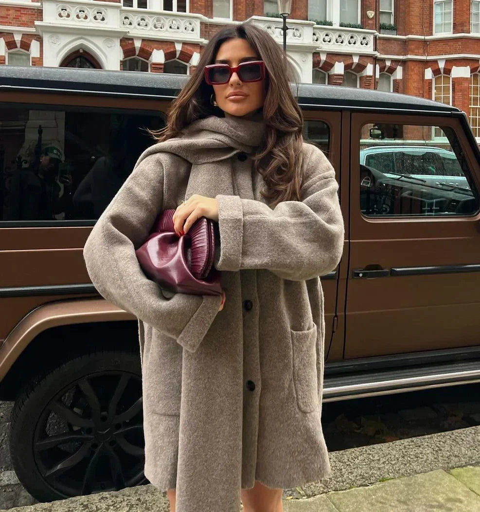 Oversized Wool Coat with Attached Scarf | Heather Taupe3