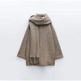 Oversized Wool Coat with Attached Scarf | Heather Taupe4