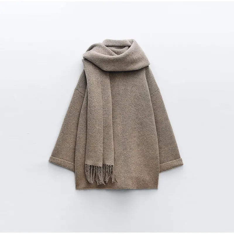 Oversized Wool Coat with Attached Scarf | Heather Taupe4