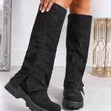 Black knee-high suede-look boots with chunky sole and zip closure for women