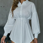 Woman wearing a pleated shirt dress with a defined waist and long puff sleeves, shown in beige, green, and white