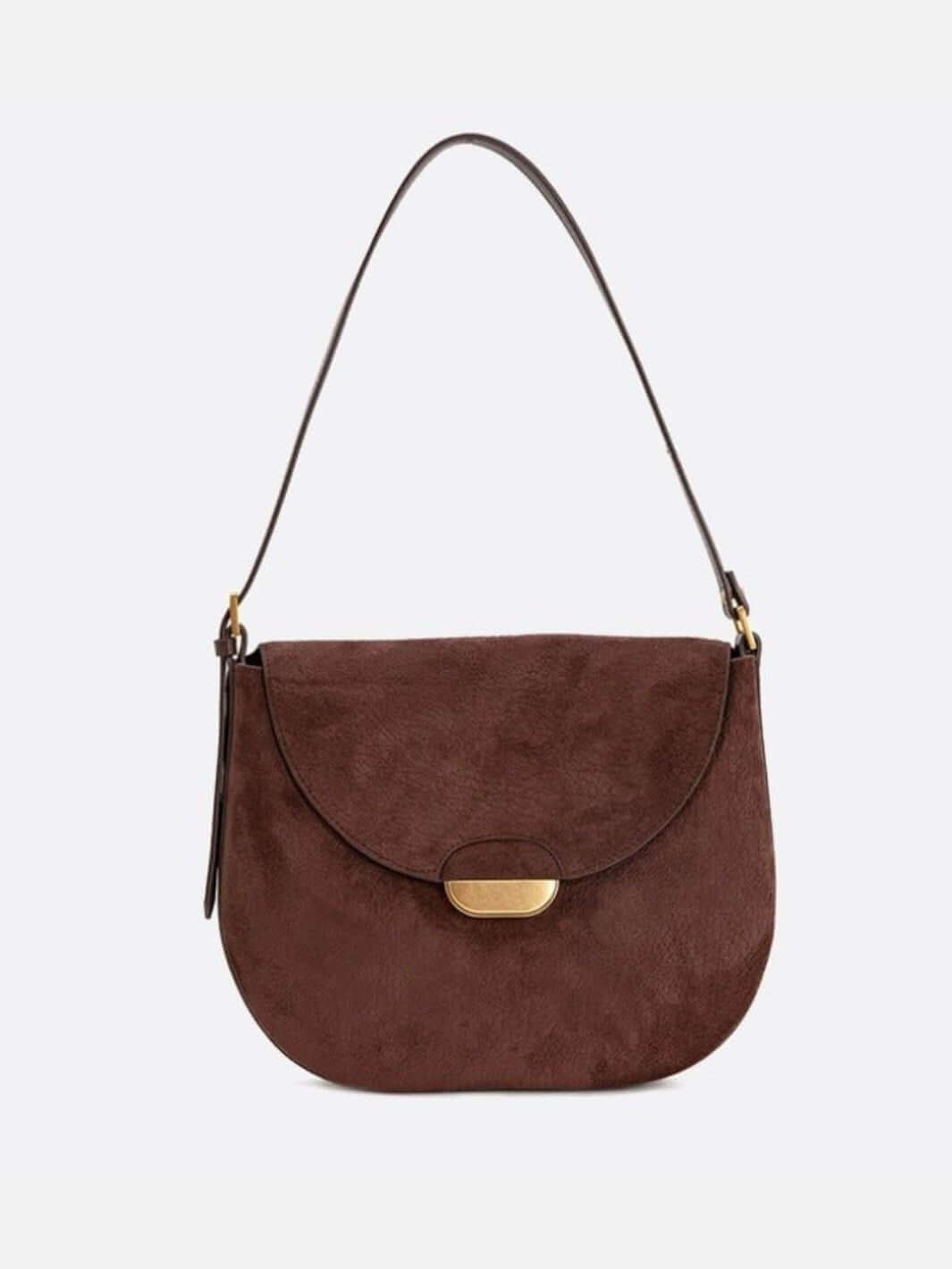 Brown suede crescent shoulder bag with gold clasp detail designed for women by Sophia and Grace London