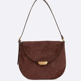 Brown suede crescent shoulder bag with gold clasp detail designed for women by Sophia and Grace London