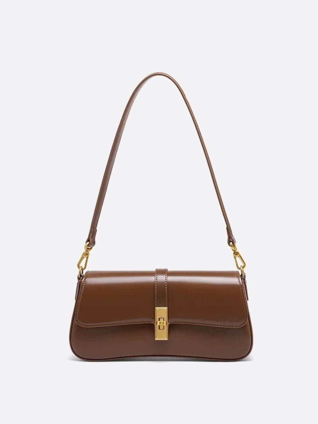 Brown vintage-style baguette bag with gold clasp and detachable shoulder strap designed for women by Sophia and Grace London