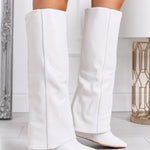 White knee-high boots with pointed toe and wedge heel in faux leather